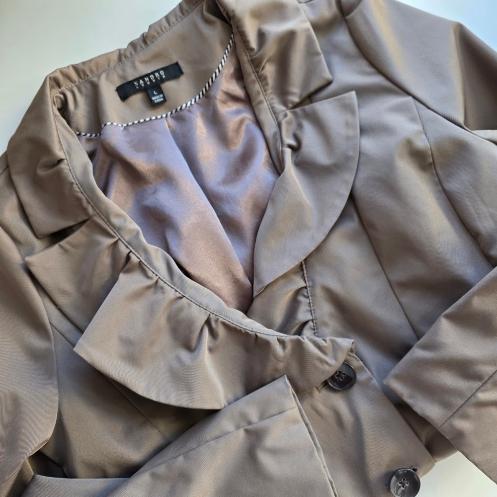 Sandro Studio Women's Taupe Ruffle Collar Belted Trench‎ Coat Size L